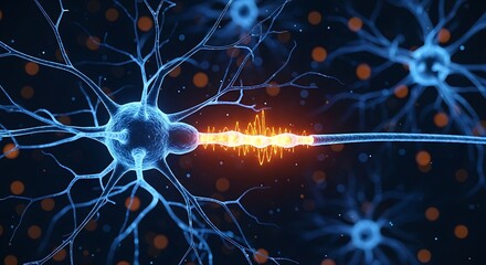 Close up of glowing blue neurons transmitting electrical signals in the brain