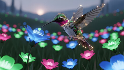 Fototapeta premium A hummingbird with mechanical parts and lights hovers near glowing flowers in a field at dusk