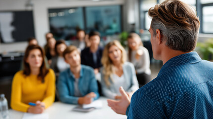 Headless shot showing trainer's torso with focused audience members attentively following presentation in classroom, with copy space