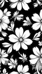 Obraz premium Modern seamless white flowers on black background. Perfect for luxury packaging, fabric design, home decor, and digital wallpapers.