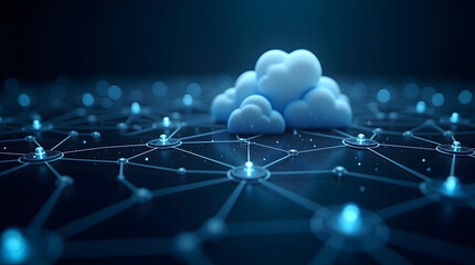 A digital network visualization featuring stylized clouds and connected nodes in a dark setting, evoking a sense of technology.