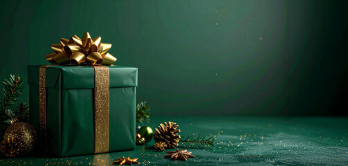 A green gift box with a matching bow, set against a green background, perfect for festive and holiday-themed designs