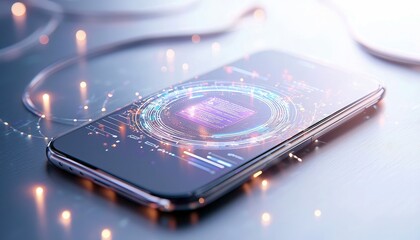 A modern smartphone screen displays a complex, glowing digital interface with circular data visualizations and code snippets. Fiber optic cables with small, bri