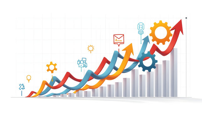 Colorful upward trends with gears and icons representing business growth and innovation.