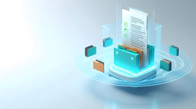 Stylized digital document storage system with folders and checklists glowing in a futuristic setting.