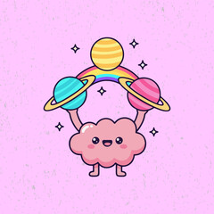 Naklejka premium Cloud Character Holding Planets and Rainbow Vector. Whimsical space illustration in flat design style, bold outlines, and solid colors. Science and universe theme.