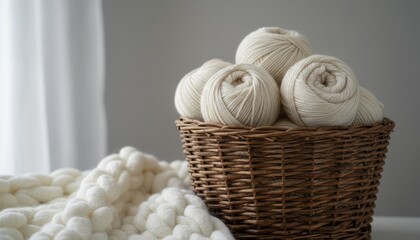 White yarn balls in a wicker basket next to a chunky knit blanket by a window.