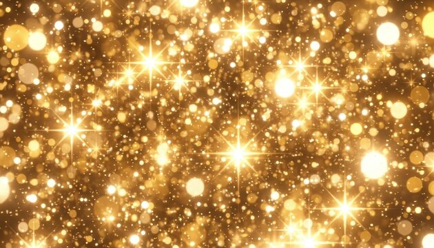 Abstract gold glitter background with shining bokeh lights and festive starbursts for holiday celebration texture.