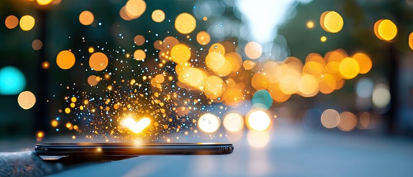 A smartphone on a ledge, with glowing particles and light effects emanating from its screen, set against a blurred city street background with bokeh lights at n