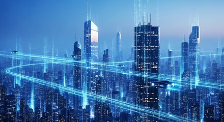 Futuristic cityscape with glowing blue light trails and tall skyscrapers