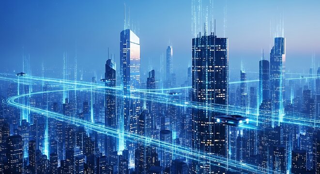 Futuristic cityscape with glowing blue light trails and tall skyscrapers