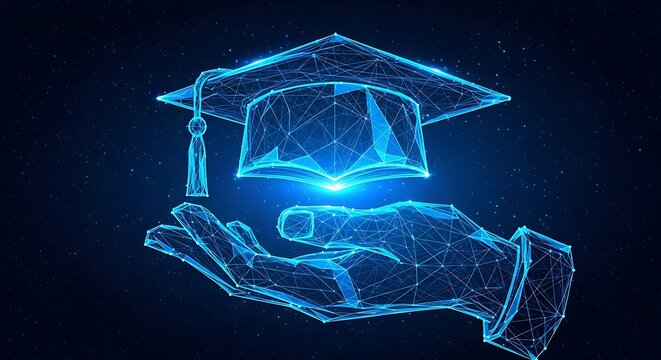 Digital graduation cap held in glowing hand with futuristic network background