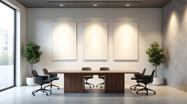 Modern meeting room with a wooden table and black chairs, featuring large windows and potted plants. - Powered by Adobe