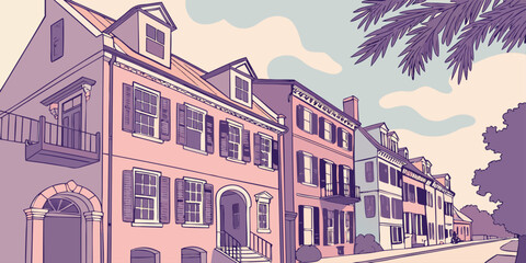 Obraz premium Charleston Rainbow Row pastel vector