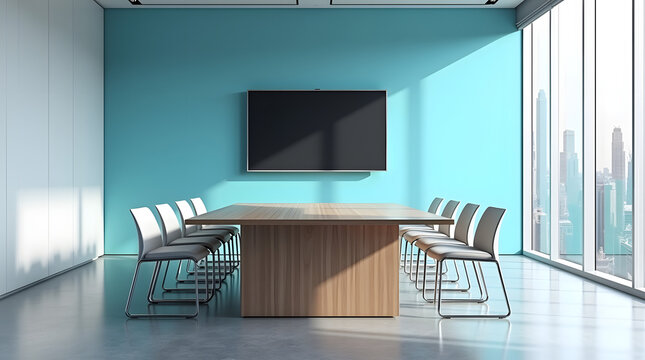 Modern conference room with a sleek design, featuring a wooden table and gray chairs against a vibrant teal wall. - Powered by Adobe