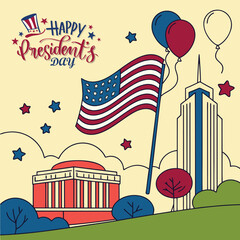 Happy Presidents Day Banner and Background with USA Flag and Text Vector Illustration