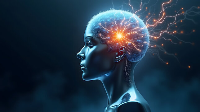 A futuristic female figure with a glowing brain, representing the concept of advanced intelligence and innovation.