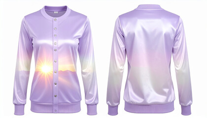 Sunset Horizon Bomber: A Lavender Satin Jacket Featuring Scenic Light and Landscape Imagery, Captured in Dual View for Nature-Inspired Fashion, Emotional Elegance, and Contemporary Visual Identity