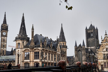 St. Michael&rsquo;s Bridge with historic buildings at sunset in Ghent, Belgium