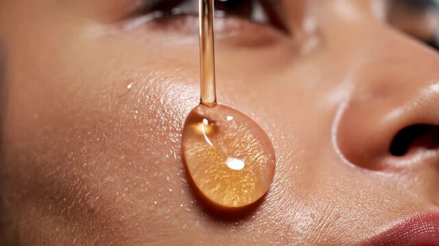 Close-up of a drop of golden liquid falling onto a persons cheek, highlighting skincare and beauty routines.