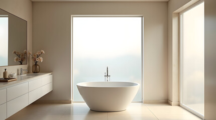 A serene, modern bathroom featuring a white freestanding tub and large windows with natural light, creating a tranquil atmosphere.