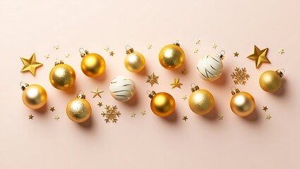 Elegant Christmas ornaments and decorations on a pastel pink background
