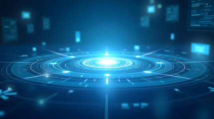 Fototapeta premium Futuristic blue digital interface showcasing glowing technology in a virtual space.