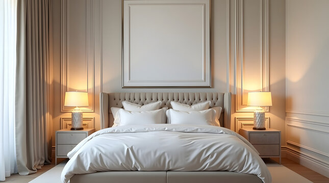 Elegant bedroom featuring a plush king-size bed, tastefully decorated with soft neutral tones and warm lighting.