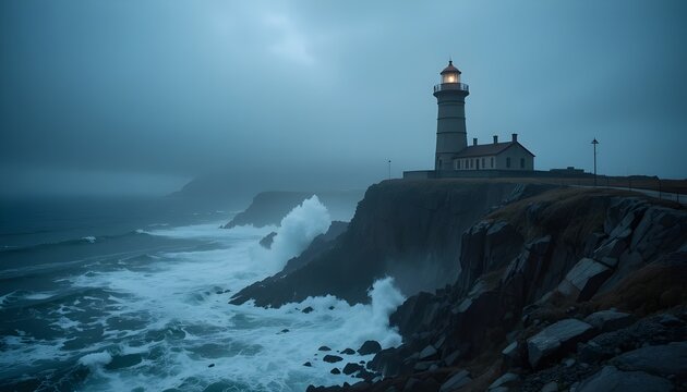 Eerie Abandoned Lighthouse
“A lonely lighthouse on rocky cliffs, dense fog rolling in from the sea, turbulent waves, dim light glowing through the mist, dramatic and moody coastal scene.”