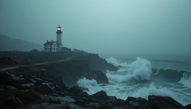 Eerie Abandoned Lighthouse
“A lonely lighthouse on rocky cliffs, dense fog rolling in from the sea, turbulent waves, dim light glowing through the mist, dramatic and moody coastal scene.”