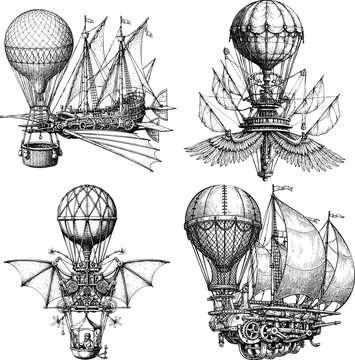 Steampunk Hot Air Balloon and Airship Engravings