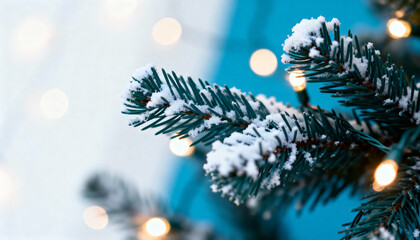 Snow-covered pine branch with warm Christmas lights