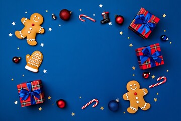 Festive Christmas Background with Gingerbread Men and Gift Boxes on Blue