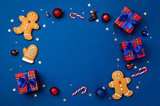 Festive Christmas Background with Gingerbread Men and Gift Boxes on Blue