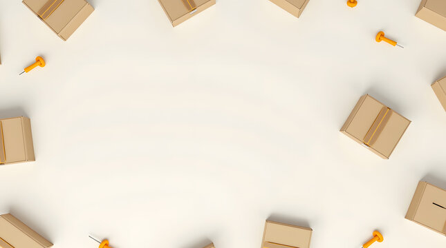 A top-down view of cardboard boxes and orange push pins on a light background, creating an organized and tidy workspace. - Powered by Adobe