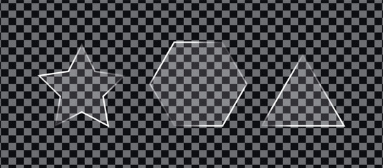 Glassmorphism UI kit, Liquid Glass Vector Elements with Transparent Geometric Shapes on Checkered Background