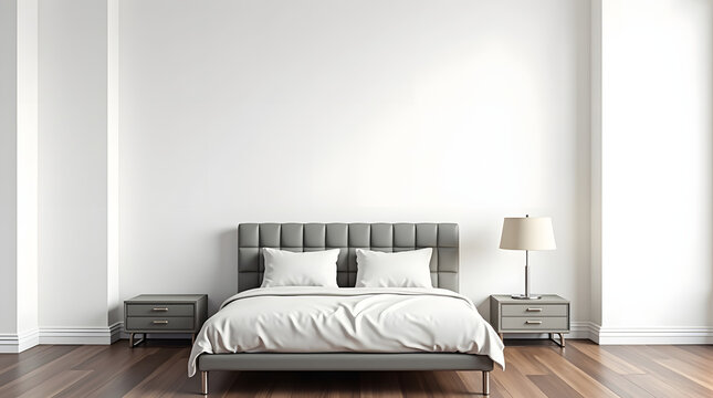 A minimalist modern bedroom featuring a plush bed with white bedding and simple nightstands.