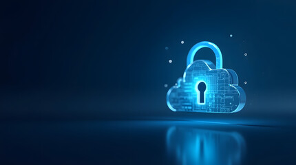 A digital cloud lock symbolizes cybersecurity, showcasing transparency and technology in a sleek blue setting.