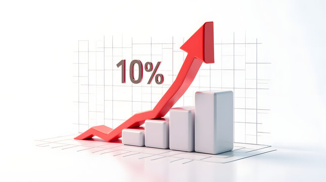 A dynamic red arrow indicating a 10% increase in a 3D bar graph, symbolizing growth and success in business or finance.