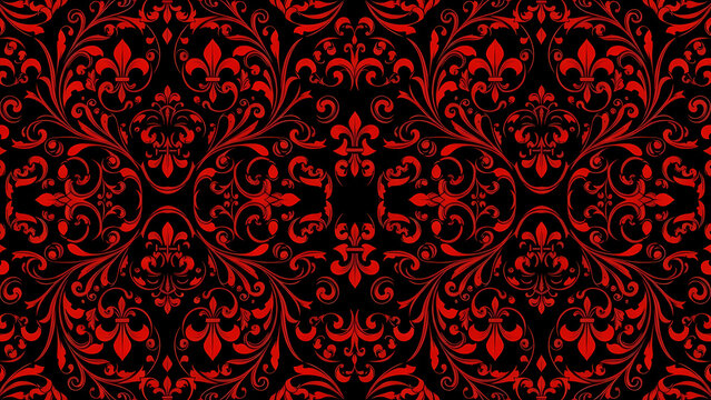 Red fleur de lis and floral pattern on a black background in a symmetrical arrangement