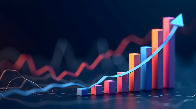 A vibrant financial growth chart with colorful bars and an upward arrow, symbolizing success in investments or business.
