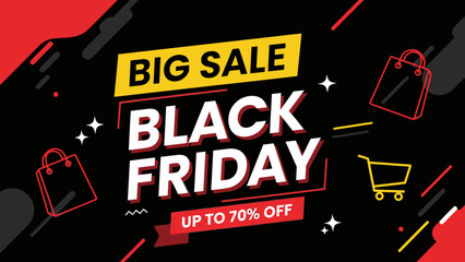 Black Friday Big Sale Up to 70% Off Shopping Bag and Cart on Black Background