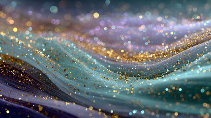 Blurred Abstract festive glitter background with particles, color gradient, copy space, space for text, wavy lines, bokeh. Horizontal banner