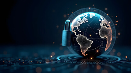 A digital representation of the globe secured by a padlock, symbolizing cybersecurity and global protection.