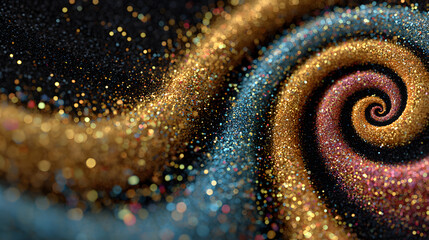 Wavy spiral background with shiny multicolored particles flying out of a circle in the center of the background in a spiral, space for text, wavy lines, bokeh.