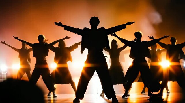 Silhouette of a lead male dancer and group performing a grand finale on a musical theater stage. Concept of Broadway show, jazz arts performance and dramatic entertainment, 4K video animation.
