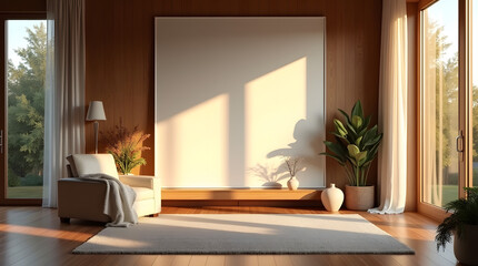 Fototapeta premium Serene living room with warm wooden tones and natural lighting, featuring a cozy chair and indoor plants.