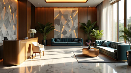 A modern, upscale lounge area featuring a sleek design with warm tones and lush greenery.