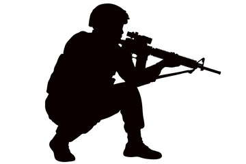 A silhouette of a soldier in military gear, holding a machine gun. Conducting a tactical operation in the army. A soldier undergoing military training. Military service.