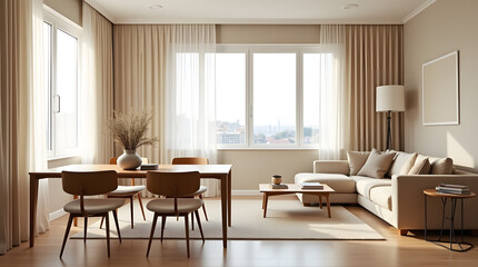 Bright and airy modern living room with elegant decor, showcasing a cozy seating area and dining table.